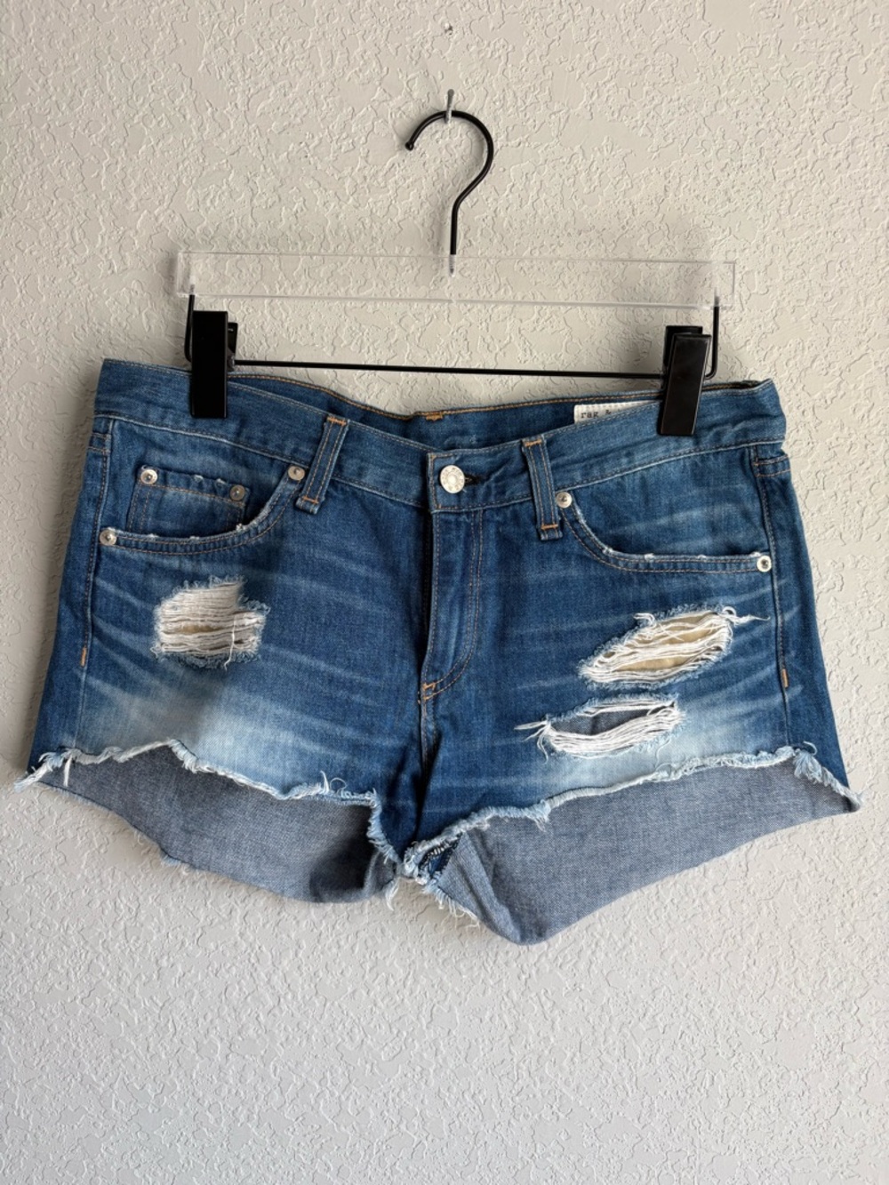 rag & bone Denim Shorts Size 27 Distressed Cutoff Blue Mid Rise Raw Hem